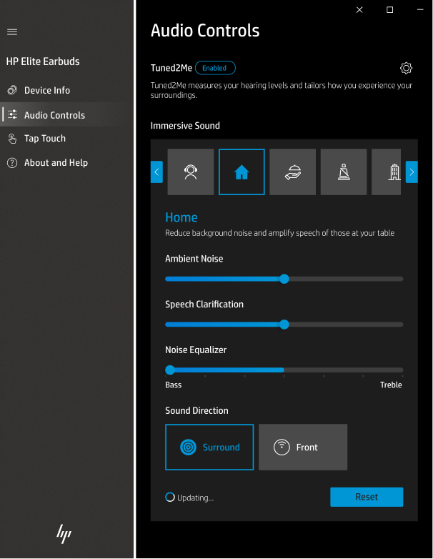 Audio controls panel showing immersive sound settings with ambient noise, speech clarification, and noise equalizer sliders across situational presets.